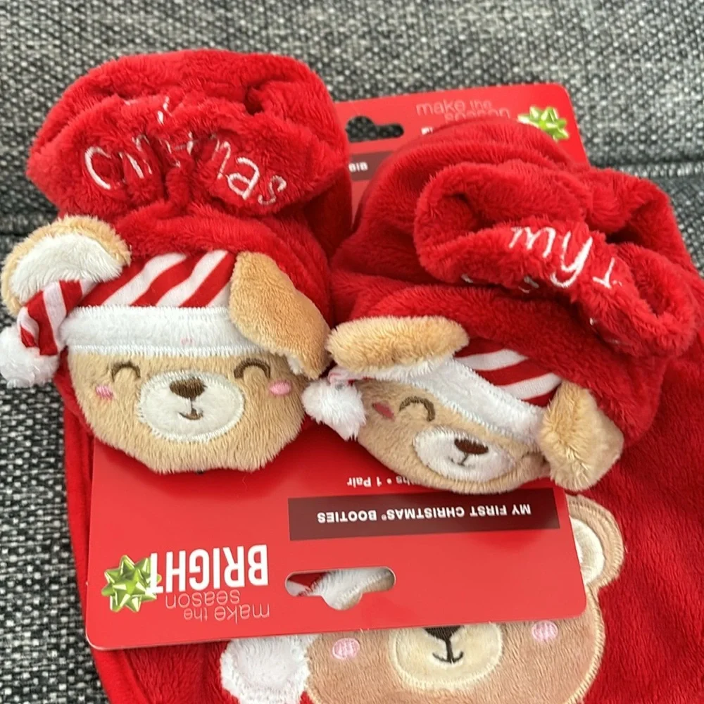 Bright Baby My first Christmas Red Bear Soft Warm Booties and Bib